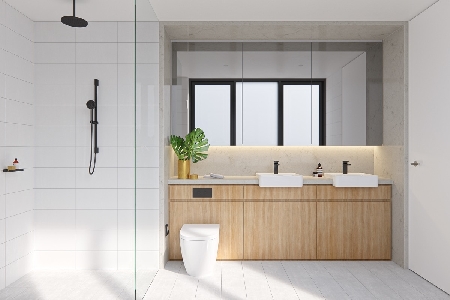 Áp dụng những thiết kế phòng tắm Kita Vĩnh Long tối giản và sang trọng -  sử dụng những vật liệu với nguồn gốc từ công nghiệp rất có hiệu quả cho phòng tắm nhà bạn. Một chút chất liệu gỗ tự nhiên pha trộn với đồ sứ, đá cẩm thạch và đá phiến sẽ tạo cảm