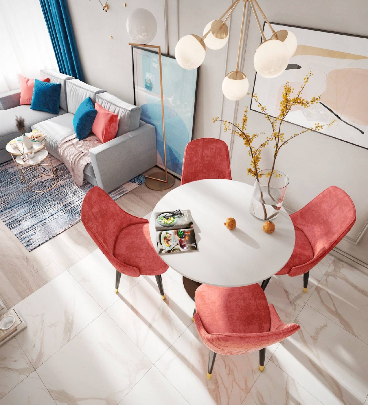 Phòng khách căn hộ Stella En Tropic ấn tượng với sofa màu đỏ